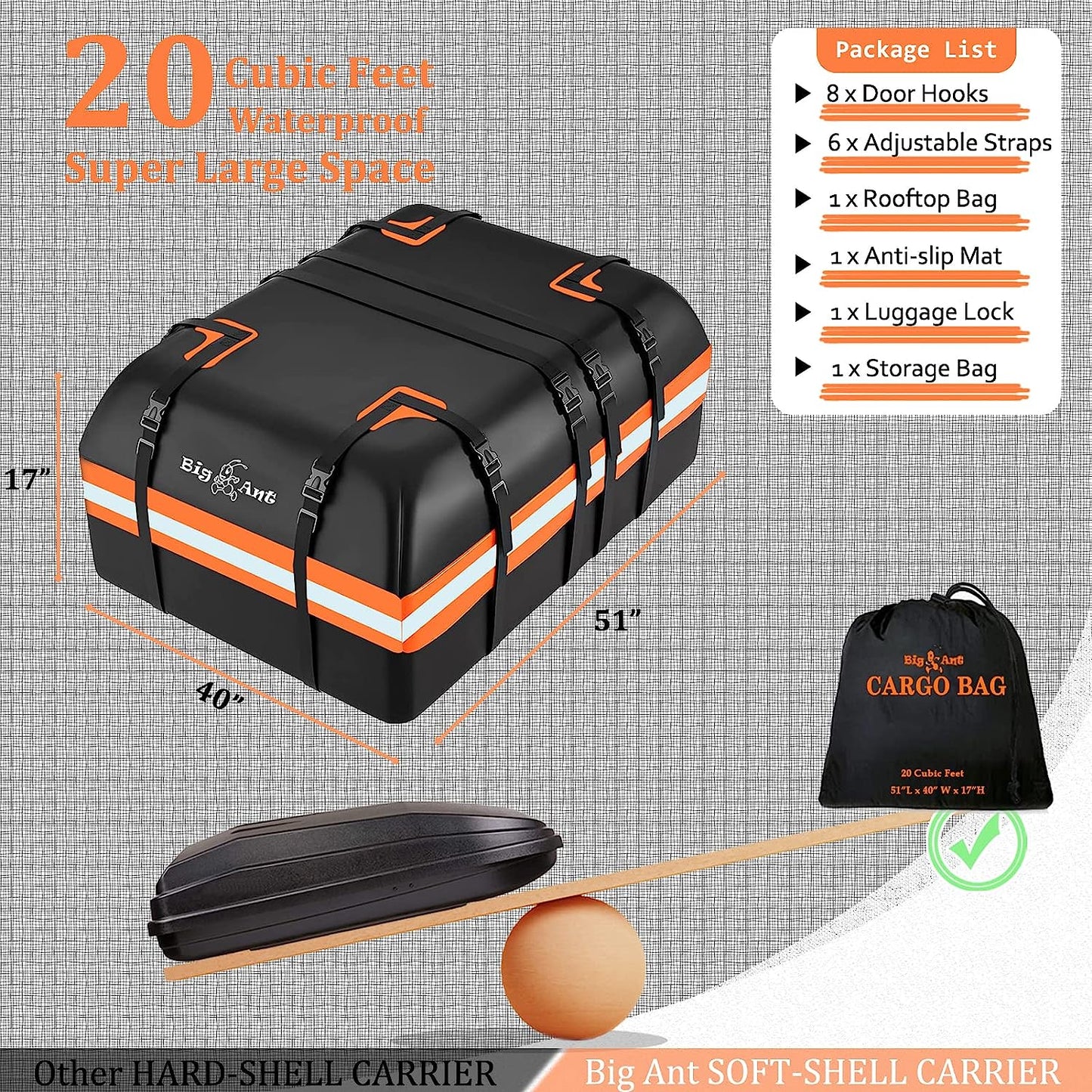 Big Ant Car Rooftop Cargo Carrier Bag 20 Cubic Feet Fit for All Vehicle with/without Rack Bar