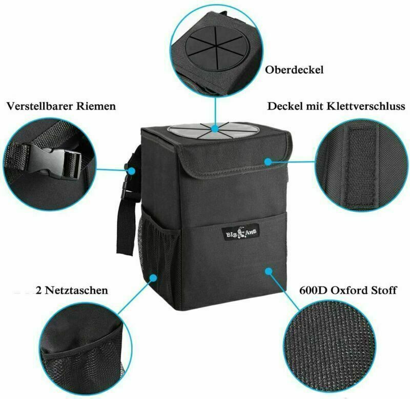 Car Garbage Bag with Lid and Storage Pockets - Black