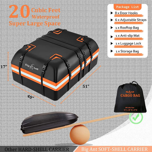 Big Ant Car Rooftop Cargo Carrier Bag 20 Cubic Feet Fit for All Vehicle with/without Rack Bar