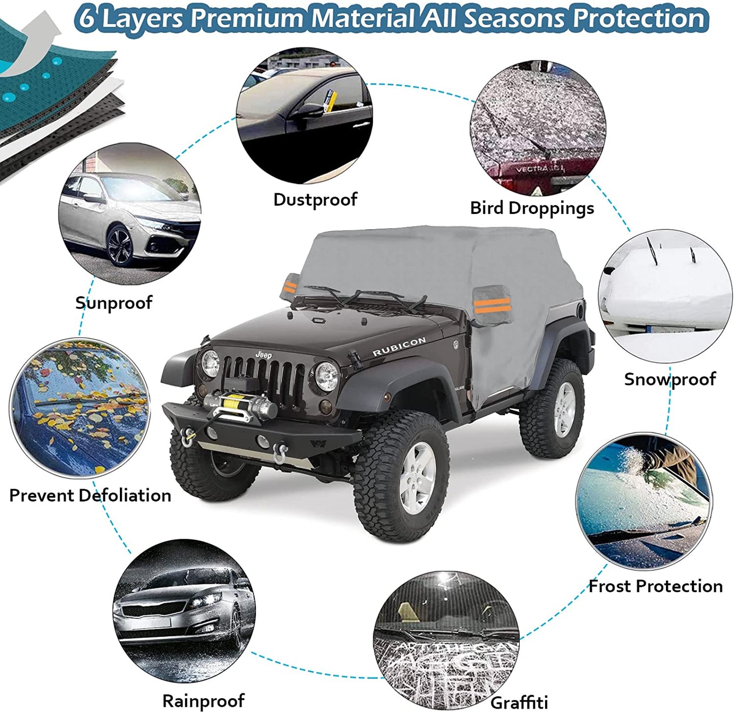 Waterproof 6 Layers Half Car Cover for Jeep Wrangler 2/4 Doors