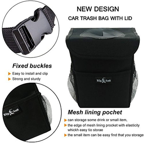 Car Trash Bag for Little Leak Proof - Car Garbage Bag with Lid and Storage Pockets - Black