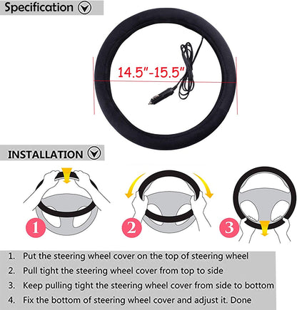 Big Ant 12v Heated Steering Wheel Cover Hand Warmer Winter,15”