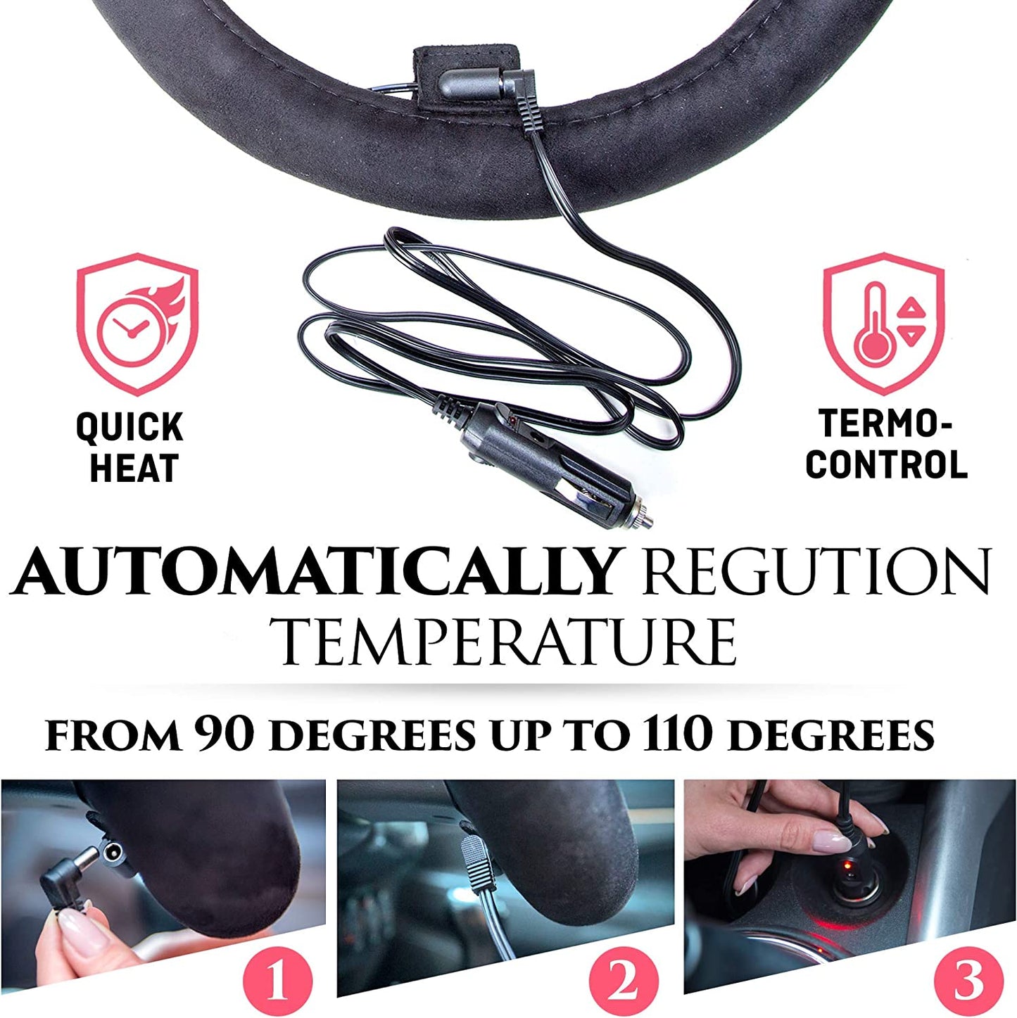 Big Ant 12v Heated Steering Wheel Cover Hand Warmer Winter,15”