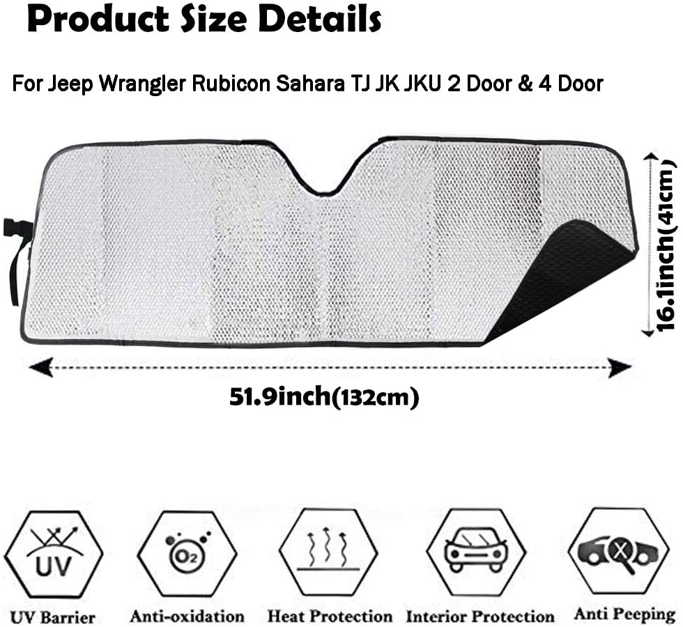 Windshield Sun Shade for Wrangler JK JKU TJ JL- 51.9"x16.14" (Silver)