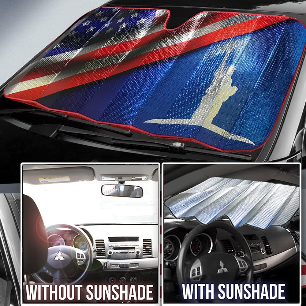 Car Windshield Sun Shade - Statue of Liberty & American Flag Design - [Big Ant]