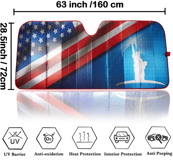 Car Windshield Sun Shade - Statue of Liberty & American Flag Design - [Big Ant]